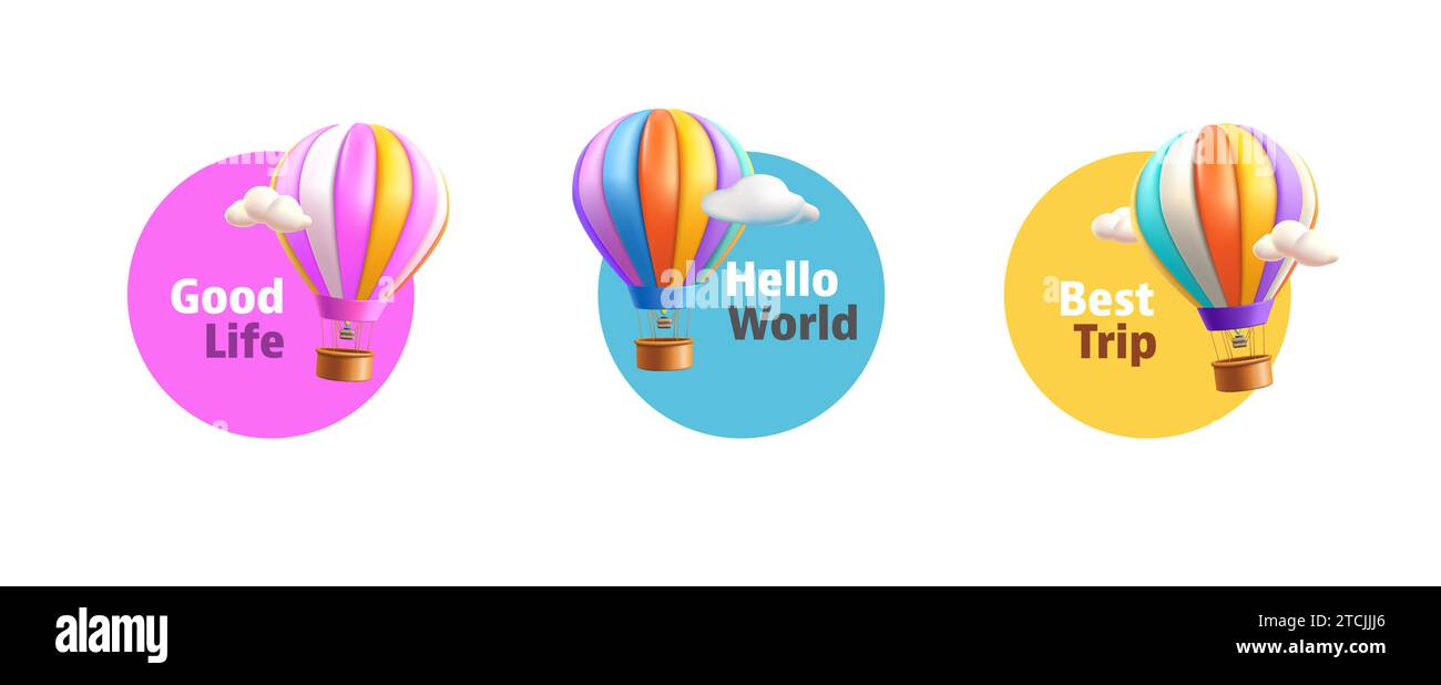 Hot Air Balloon with basket 3d render illustration in the clouds, set of round stickers or labels, isolated Stock Vector