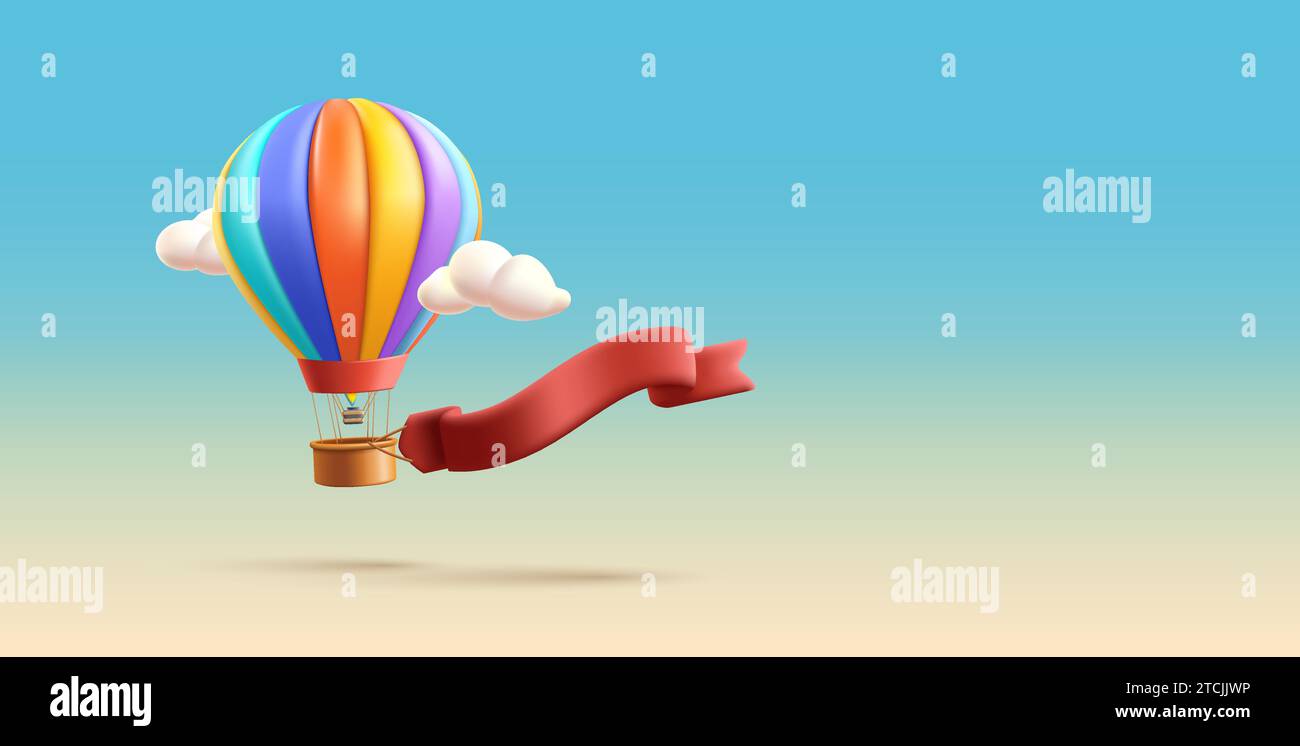 3d Vector Hot Air Balloon with ribbon banner for your text, Anniversary, Valentine's Day Concept. Cartoon render style composition Stock Vector