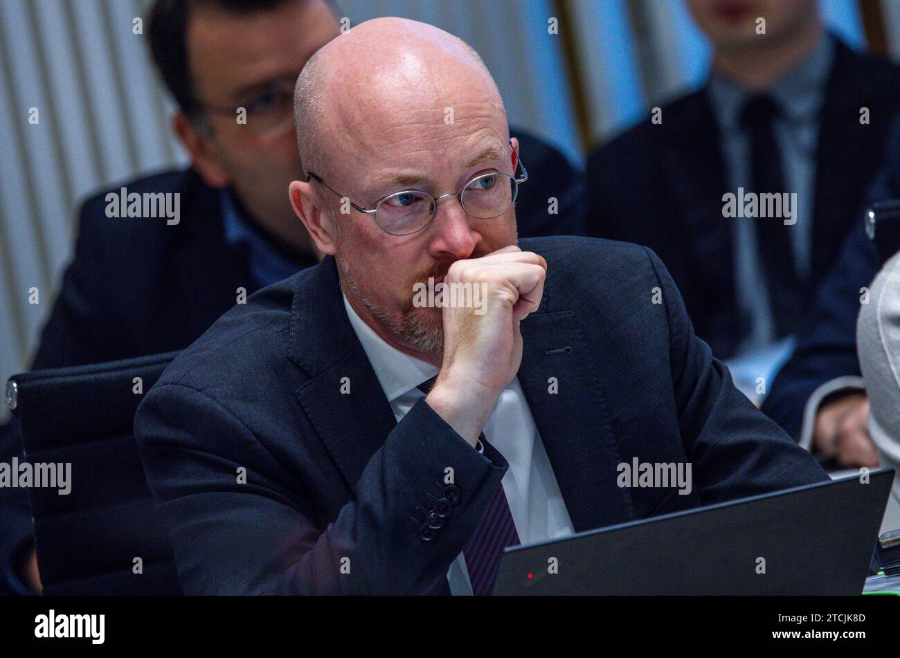 Schwerin, Germany. 13th Dec, 2023. Christian Pegel (SPD), Minister of the Interior of Mecklenburg-Vorpommern, follows the final debate in the state parliament of Mecklenburg-Vorpommern on the double budget for the years 2024 and 2025. According to the state parliament administration, a total of 451 amendments were submitted to the red-red state government's draft budget. Credit: Jens Büttner/dpa/Alamy Live News Stock Photo