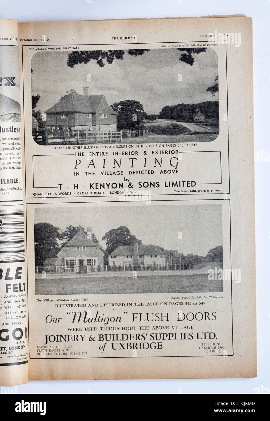 Advertising from a copy of 1940s The Builder Magazine ; TH Kenyon Painters; Multigon Flush Doors Stock Photo