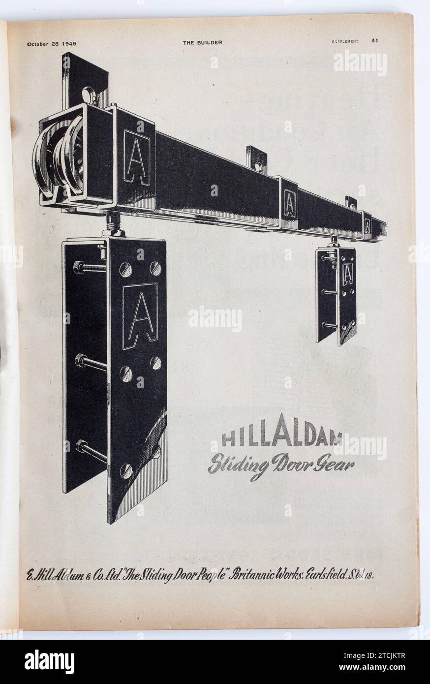 Advertising from a copy of 1940s The Builder Magazine ; Hillaldam Sliding Door Gear Stock Photo