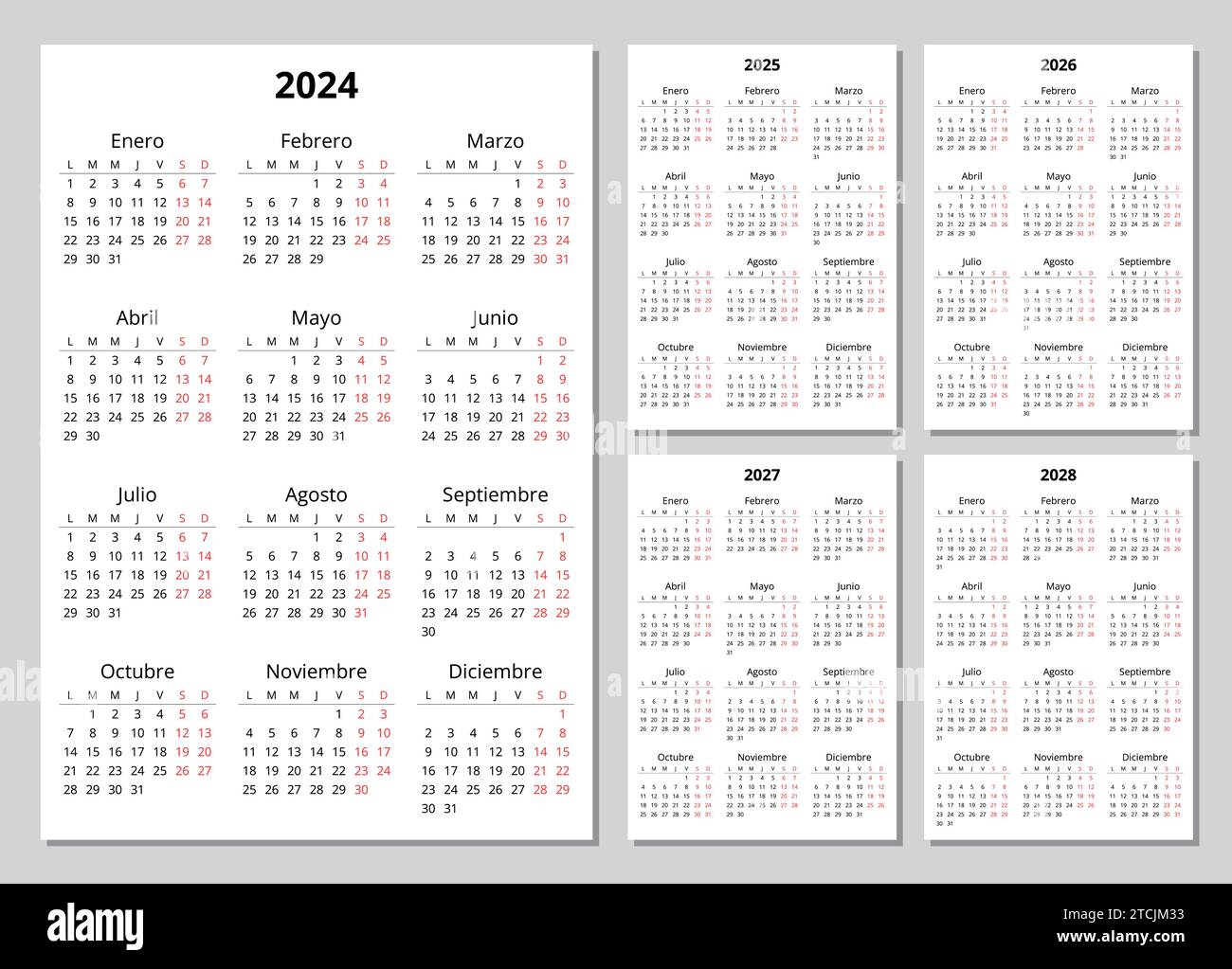 2025, 2025, 2026, 2027, 2028 vertical spanish calendars. Printable