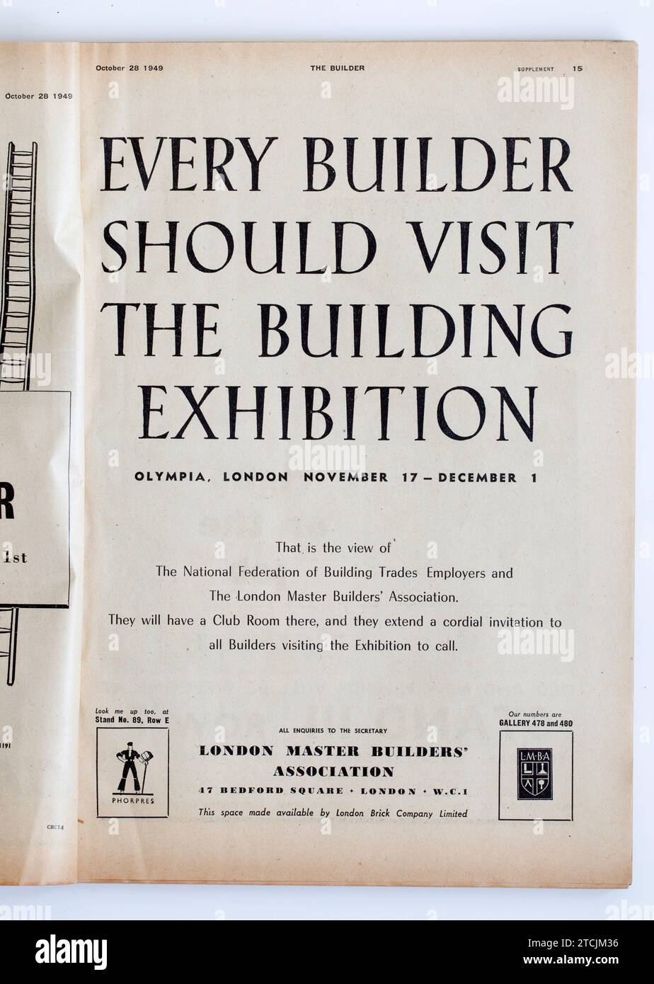Advertising from a copy of 1940s The Builder Magazine : London Master Buildiers Association Exhibition Stock Photo