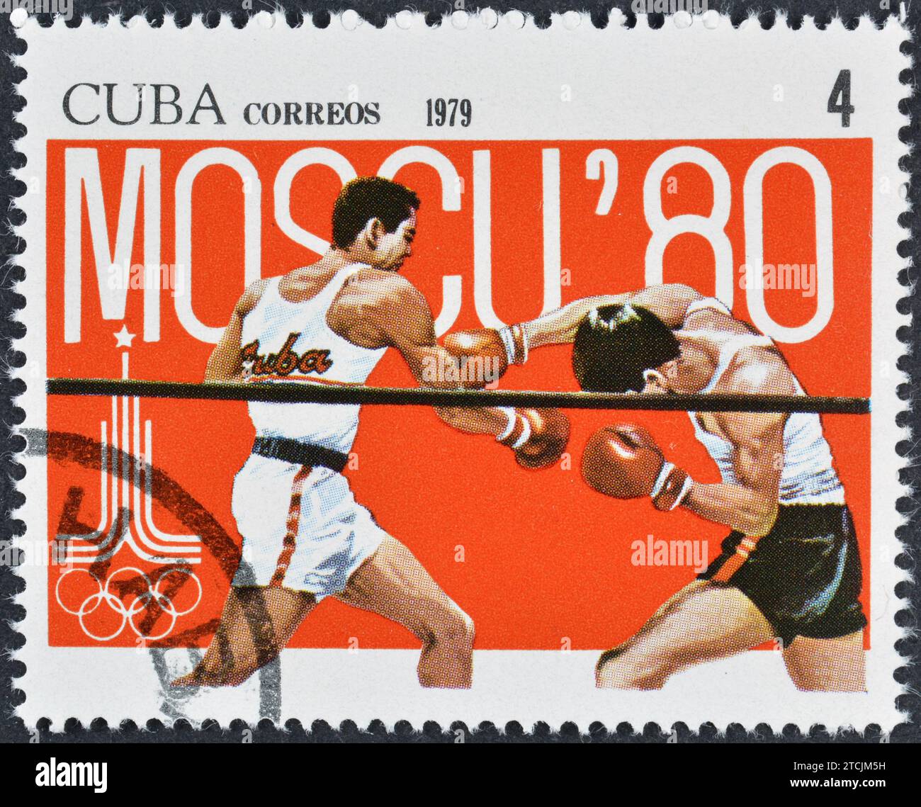 Cancelled postage stamp printed by Cuba, that shows Boxing, Summer Olympic Games 1980 - Moscow, circa 1979. Stock Photo