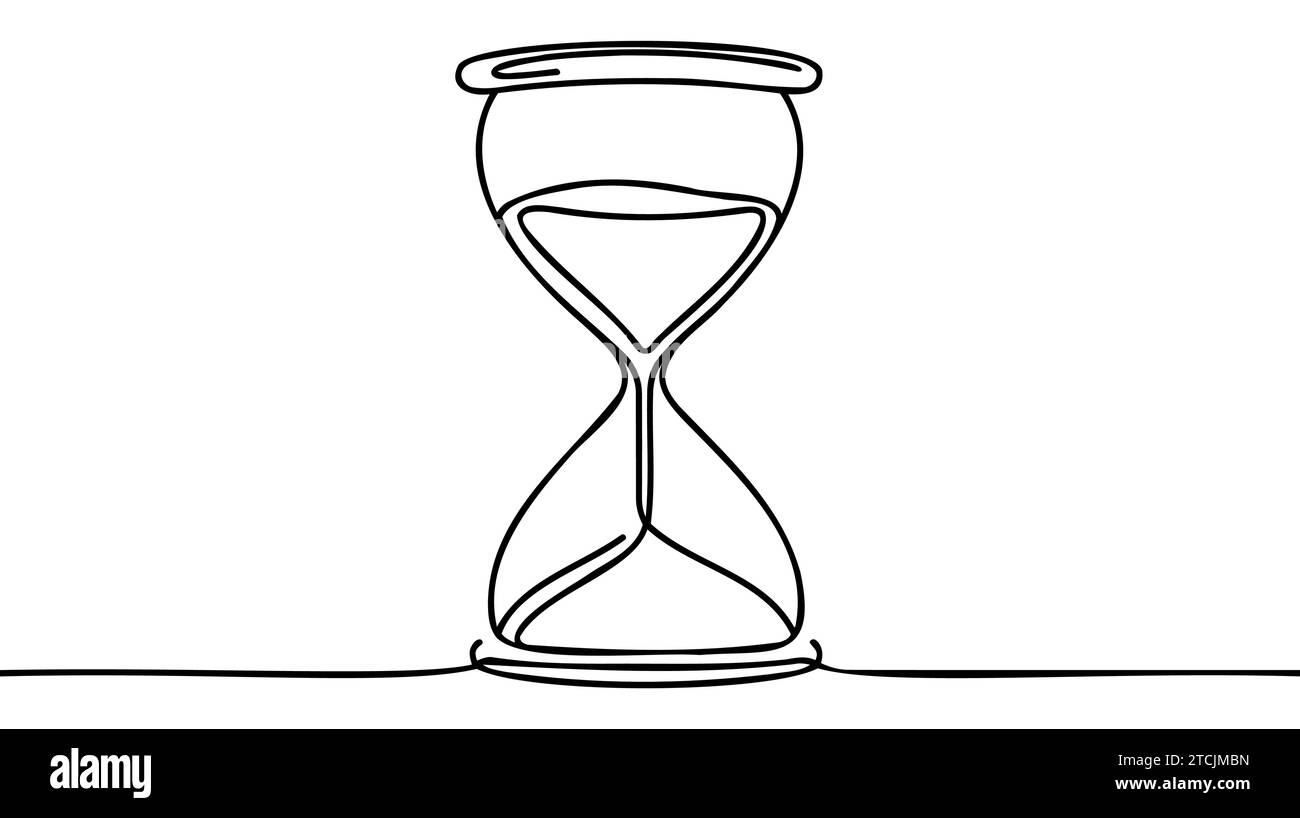 One continuous line drawing of hourglass with flow sand. Retro timer as ...