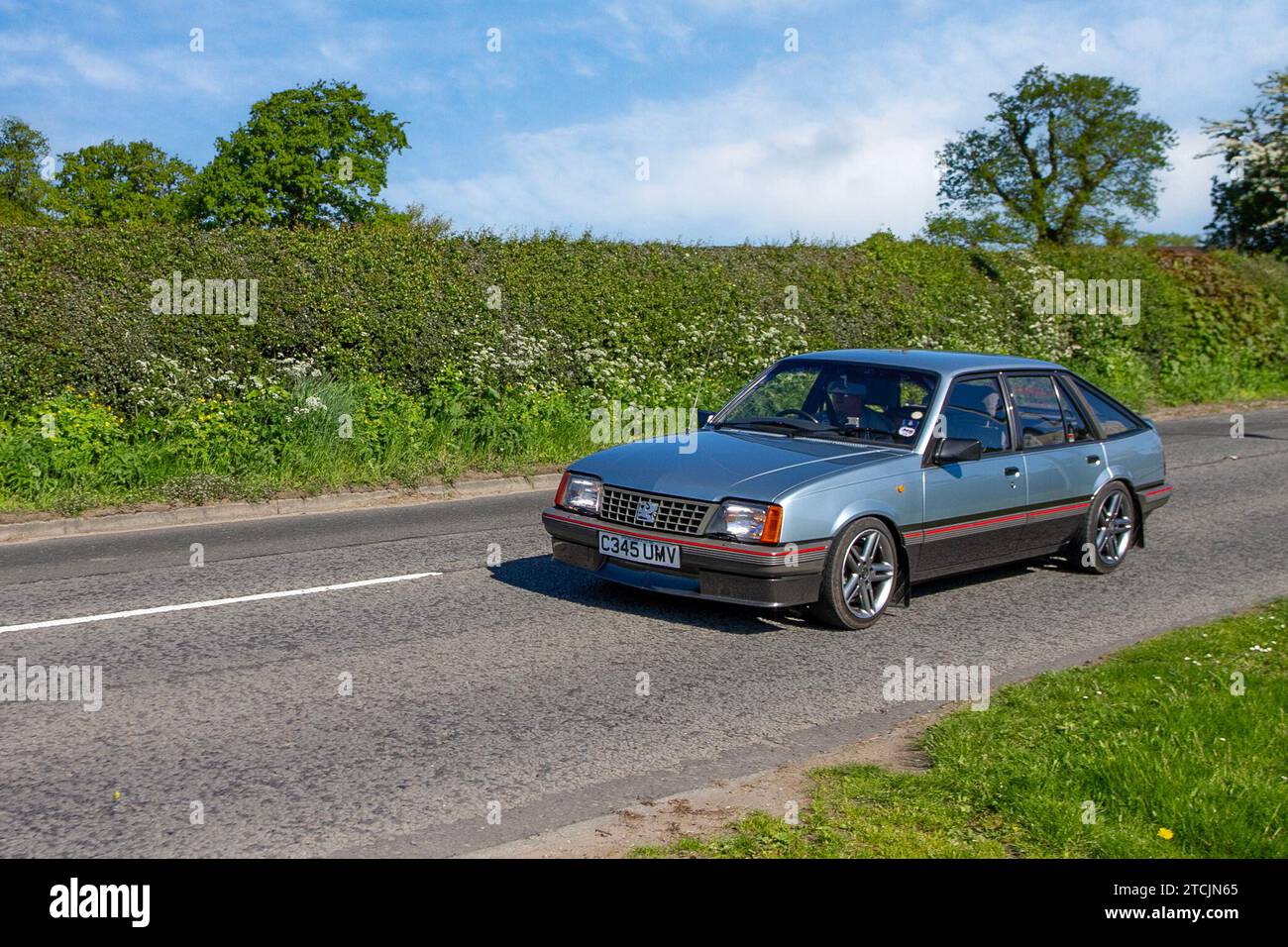 1986 80s eighties Blue Vauxhall Cavalier Mk2b 1798cc petrol saloon. Vintage, restored classic motors, automobile collectors motoring enthusiasts, historic veteran cars travelling in Cheshire, UK Stock Photo