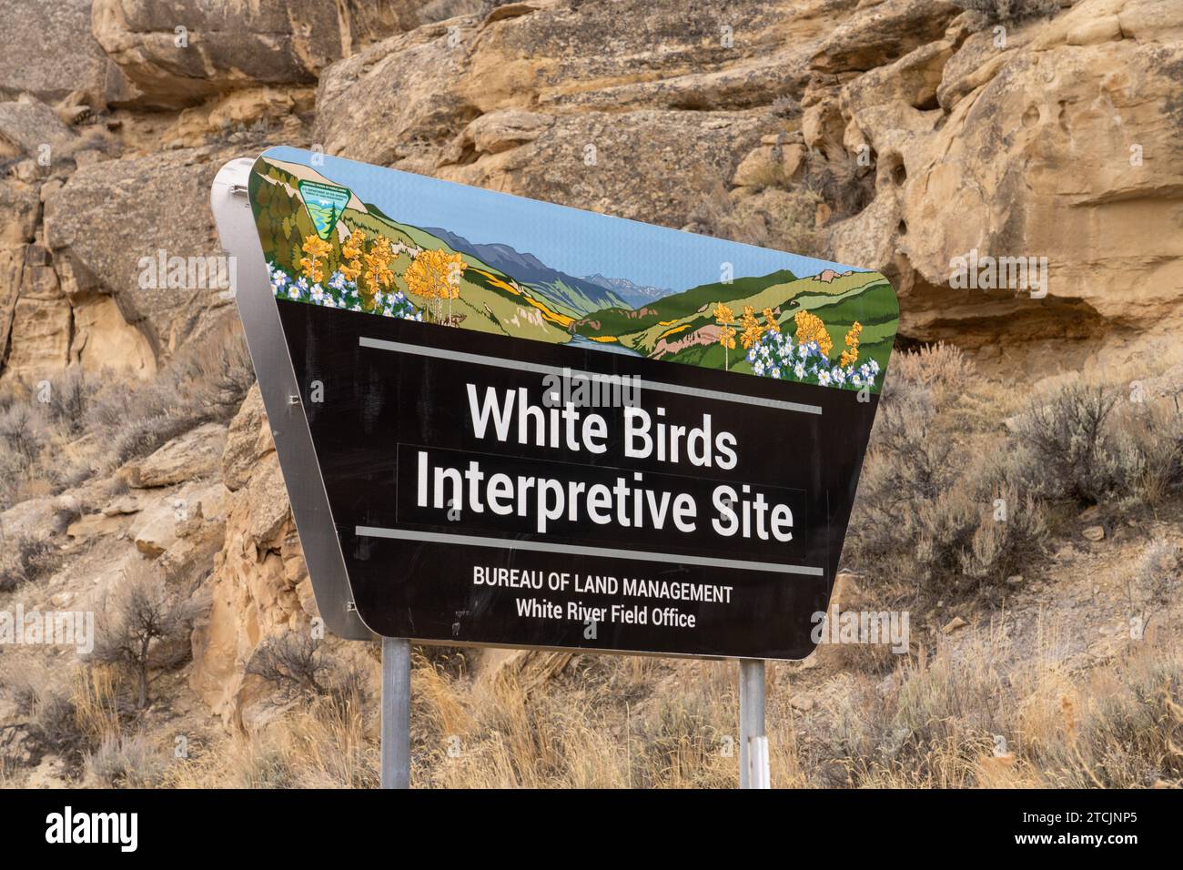 Sign for the White Birds Interpretive Site in the Canyon Pintado National Historic District in Colorado. Stock Photo