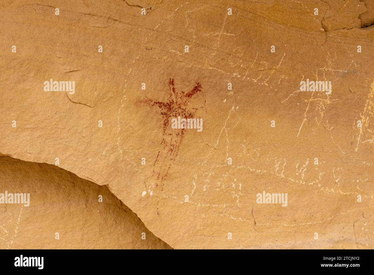 Native American pictographs at the Waving Hands Canyon Interpretive Site, Canyon Pintado National Historic District in Colorado.  Pre-Hispanic Native Stock Photo