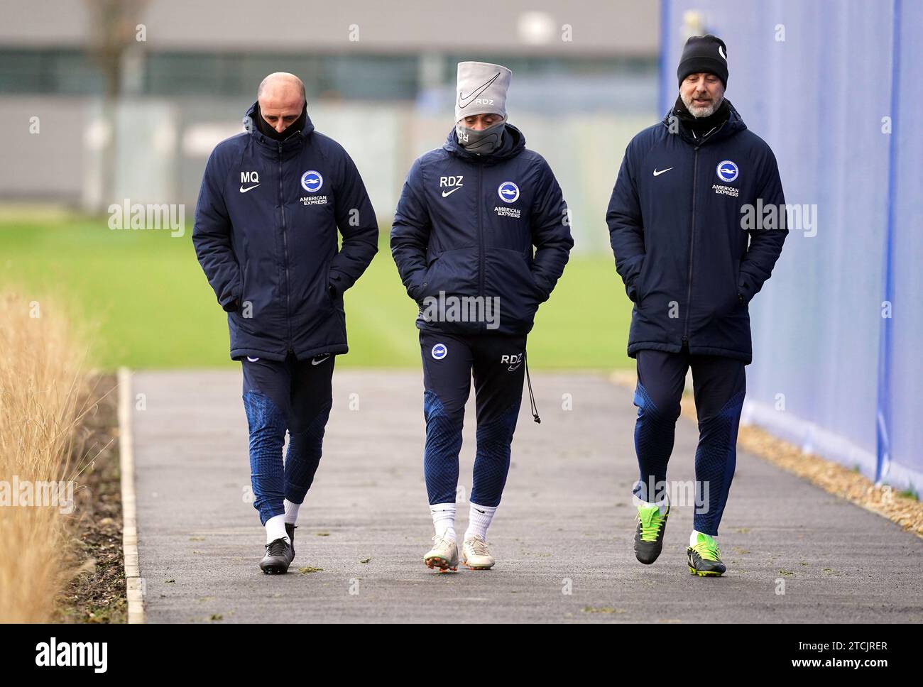 Brighton and Hove Albion manager Roberto De Zerbi and First-Team Assistant Coach Andrea Maldera during a training session at the Amex Performance Centre, Brighton and Hove. Picture date: Wednesday December 13, 2023. Stock Photo