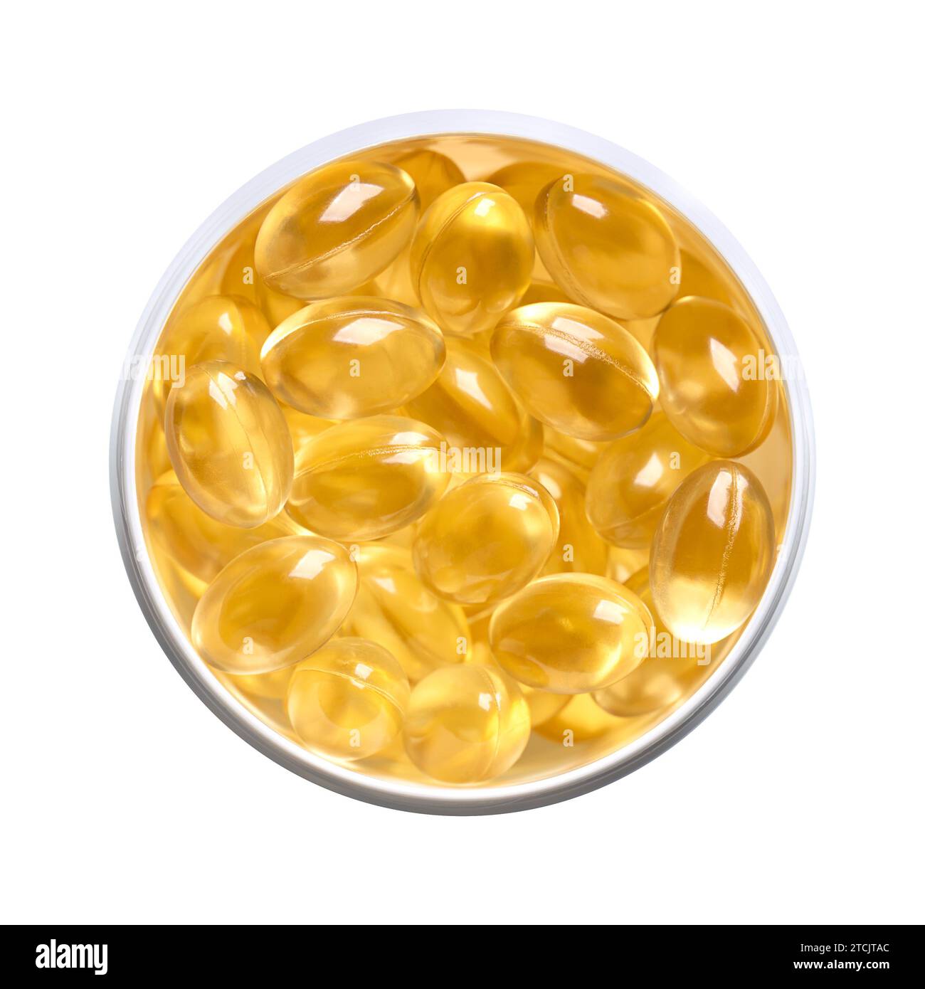 Soft gel capsules in a white plastic pill bottle. Oral dosage medicine or dietary supplement in the form of a transparent capsule. Stock Photo