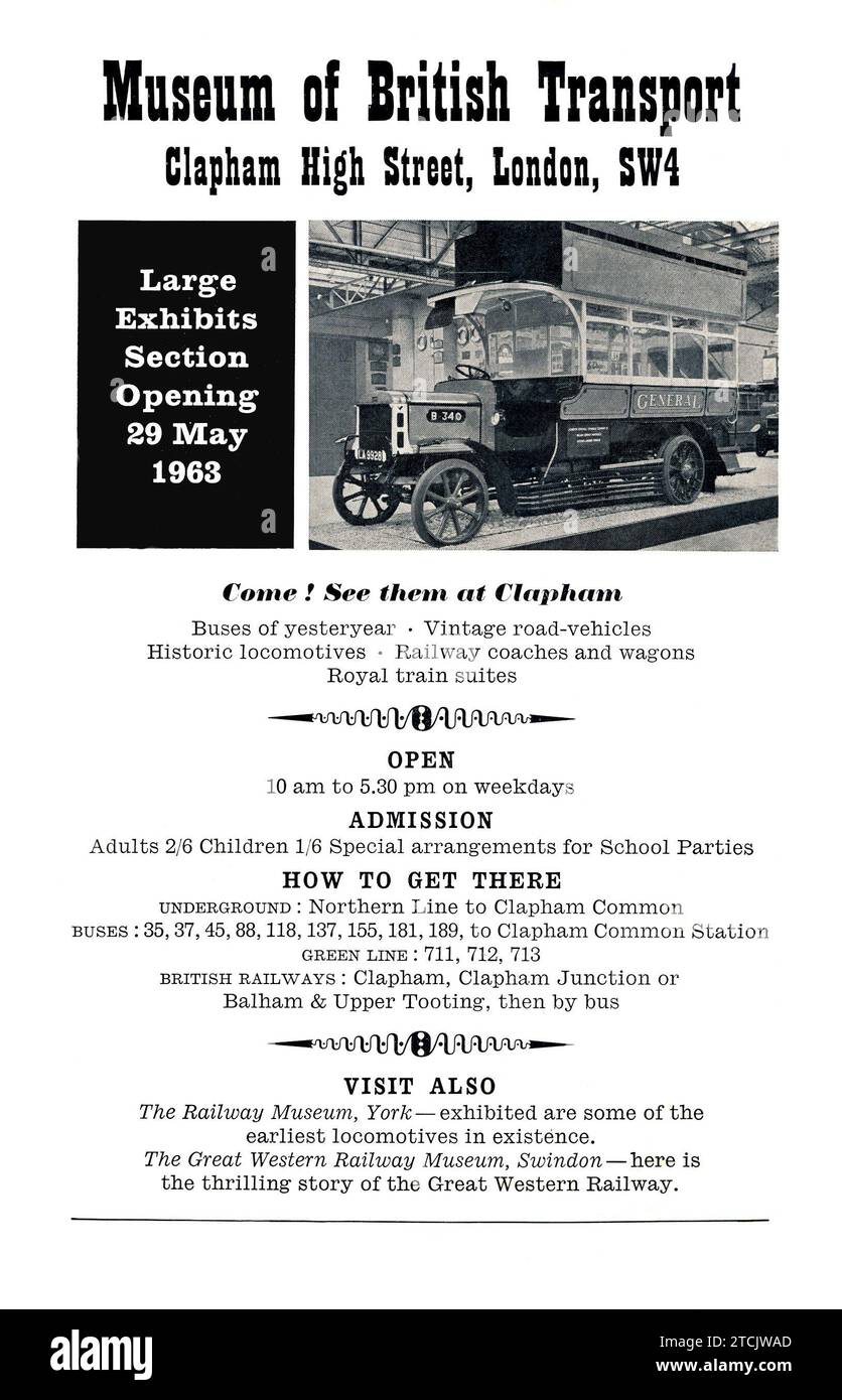 Advertisment for the opening of the Museum of British Transport, Clapham, forerunner to the London Transport Museum Stock Photo