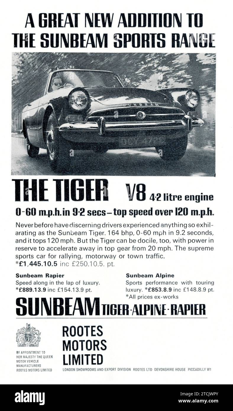 Vintage advert for Sunbeam Tiger V8 classic car Stock Photo