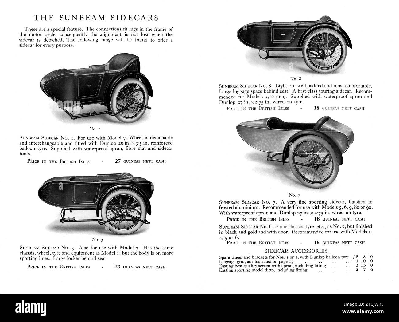 Page of a 1927 Sunbeam Motorbike advertising brochure showing new motorcycle sidecars for sale Stock Photo