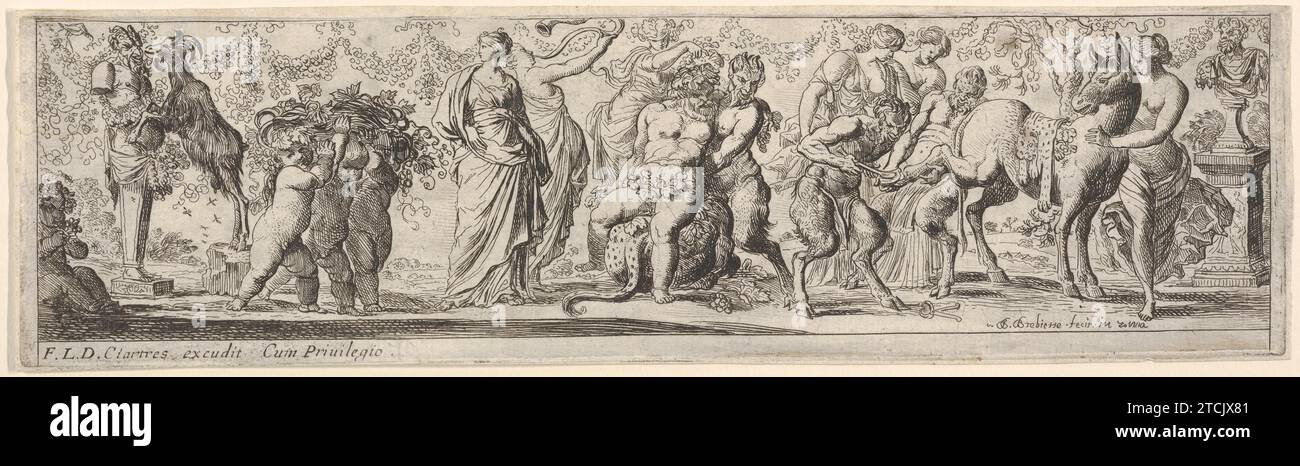 Composition of figures between a Pan herm and a sculpted bust: at left putti carry grapevines, at center a satyr supports Silenus upon a leopard skin, at right a satyr shoes a donkey, from a series of twelve frieze-like designs showing bacchanals, sacrifices, and dances 2012 by Pierre Brebiette Stock Photo