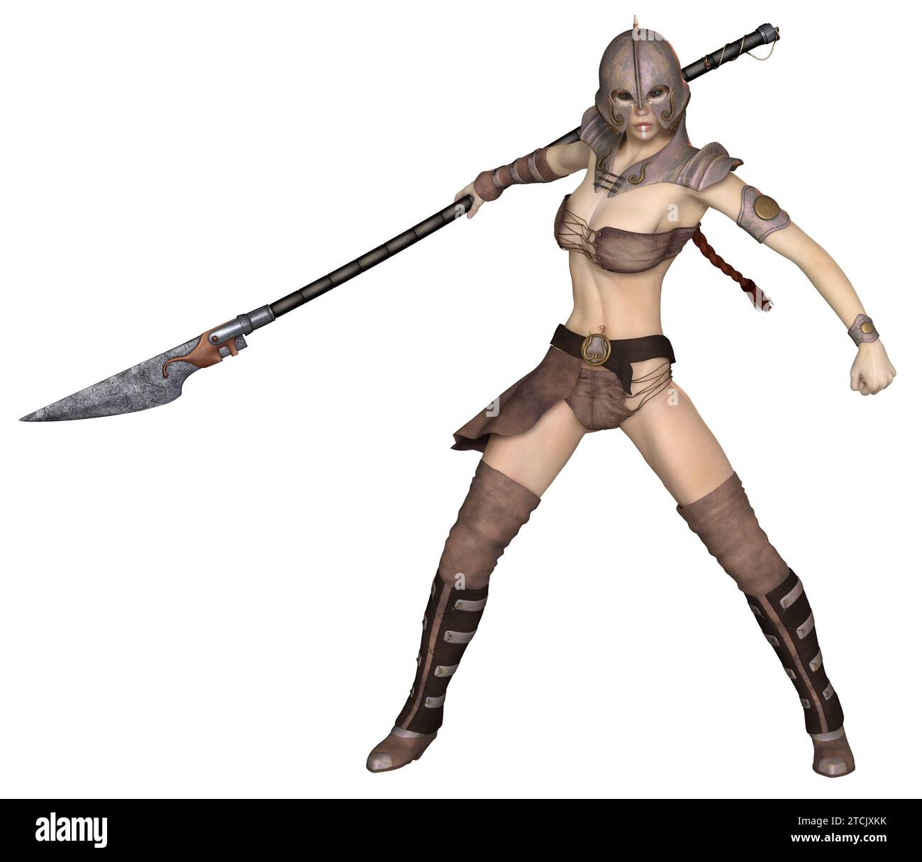 Female Fantasy Barbarian Hunter Attacking with Spear Stock Photo