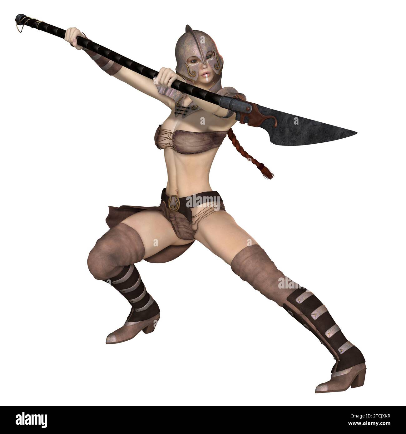Female Fantasy Barbarian Hunter Fighting with Spear Stock Photo