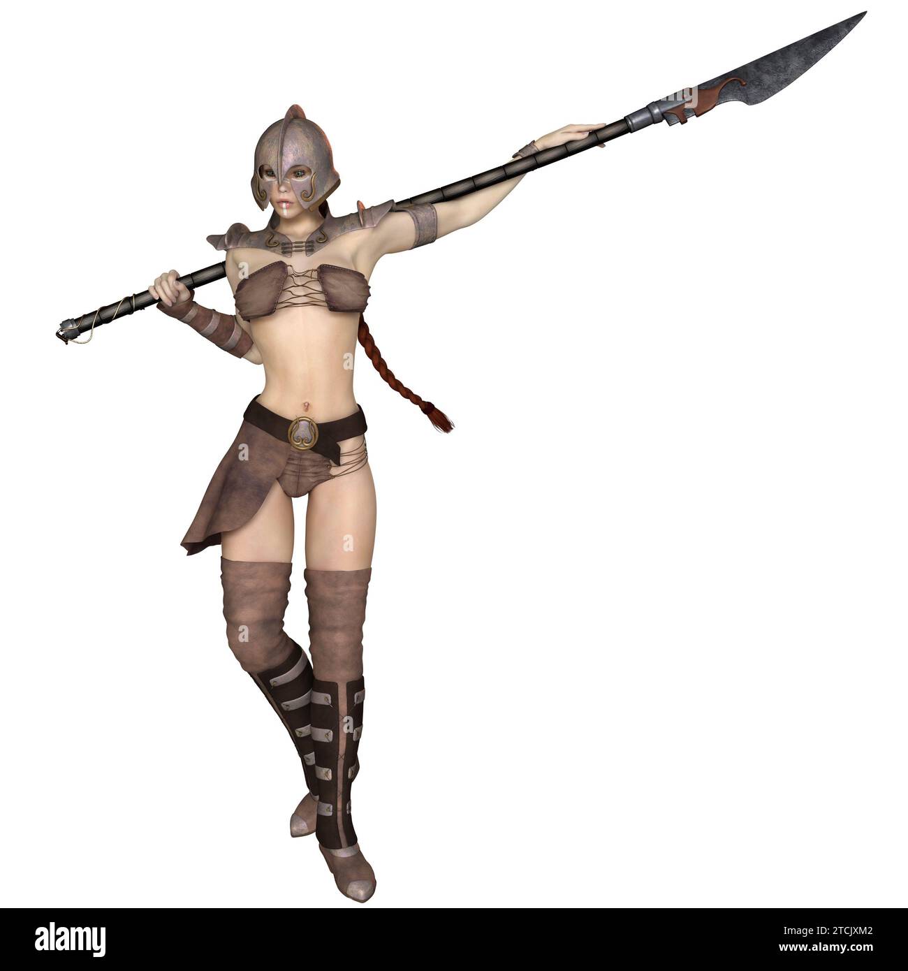 Female Fantasy Barbarian Hunter Standing with Spear Stock Photo