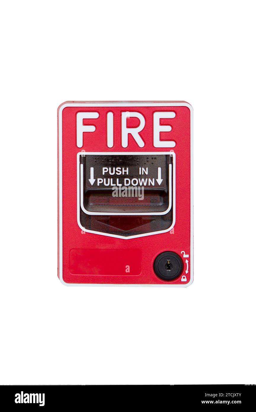 Red fire alarm switch isolated on white background Stock Photo