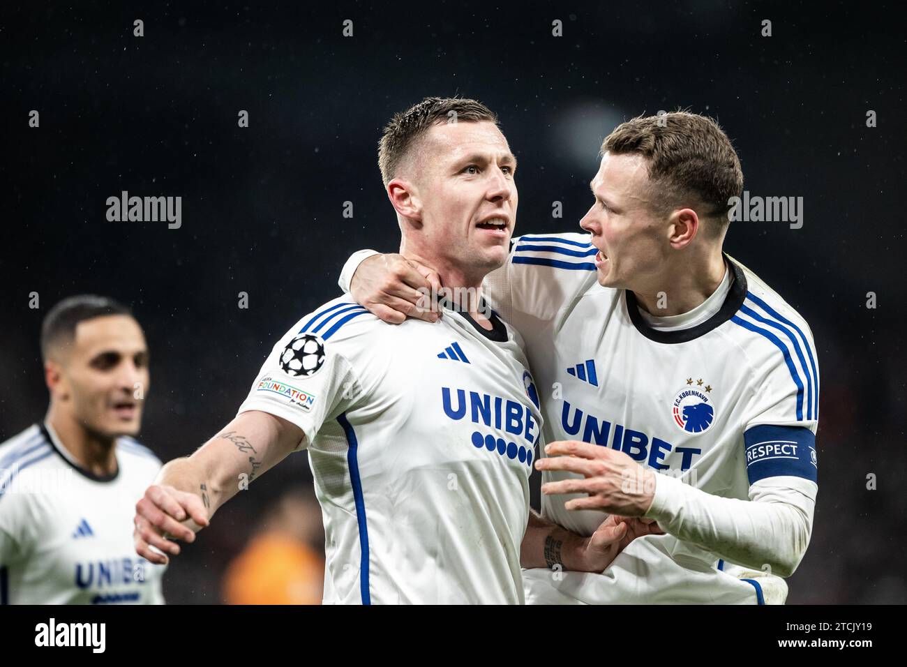Copenhagen, Denmark. 12th Dec, 2023. Lukas Lerager (12) of FC Copenhagen scores for 1-0 and celebrates with Viktor Claesson (R) during the UEFA Champions League match between FC Copenhagen and Galatasaray at Parken in Copenhagen. (Photo Credit: Gonzales Photo/Alamy Live News Stock Photo