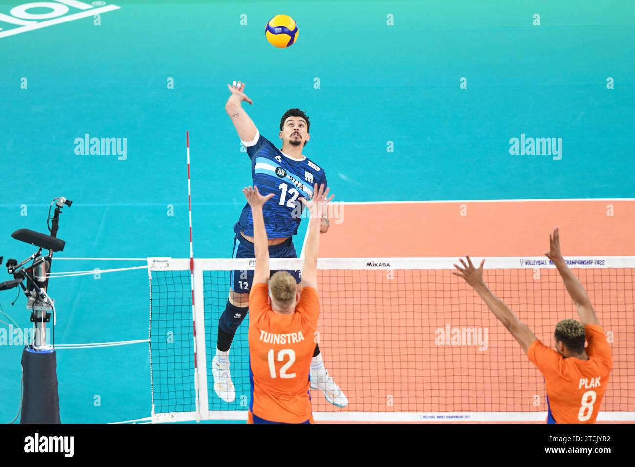 Bruno Lima (Argentina), Bennie Tuinstra, Fabian Plak (Netherlands). Volleyball World Championship 2022. Stock Photo