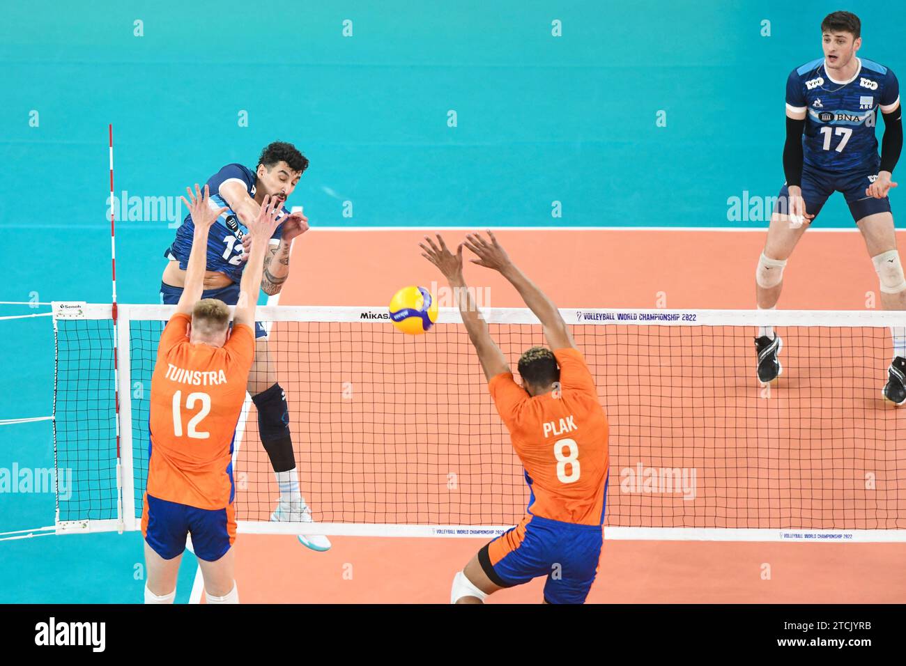 Bruno Lima (Argentina), Bennie Tuinstra, Fabian Plak (Netherlands). Volleyball World Championship 2022. Stock Photo