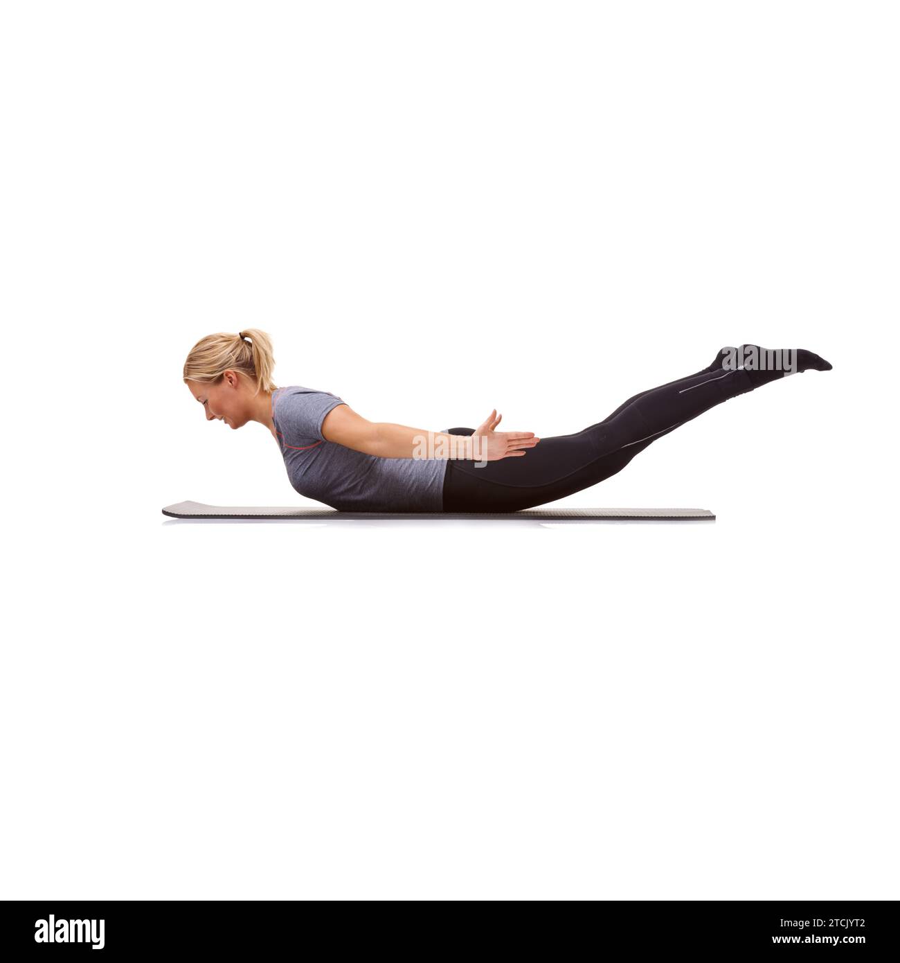 Woman, back extension and stretching for fitness, workout and flexible body in studio on mockup