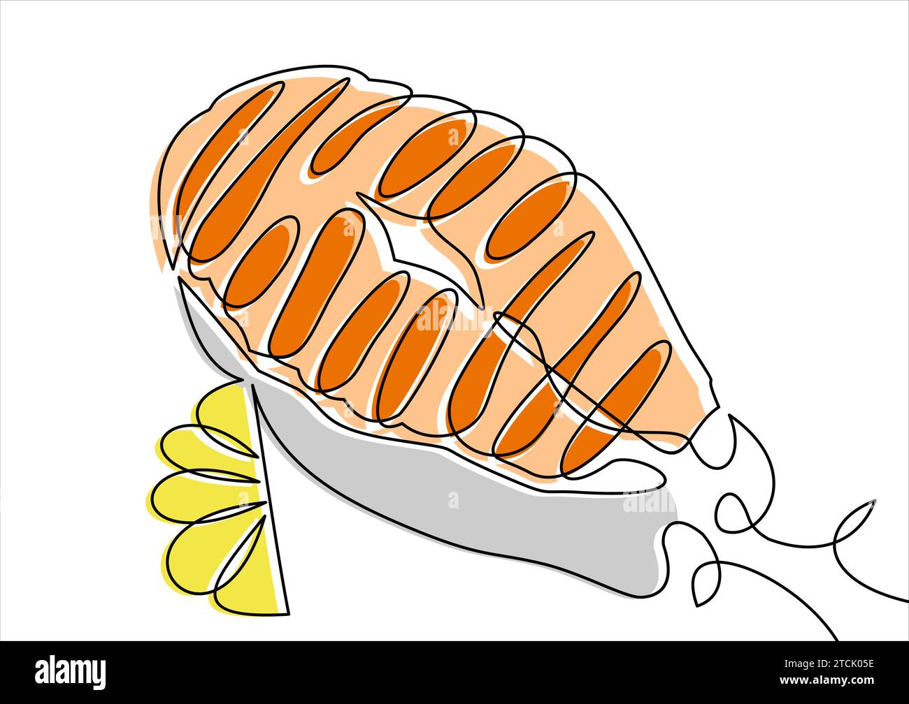 Continuous line drawing. Salmon steak with lemon Stock Vector