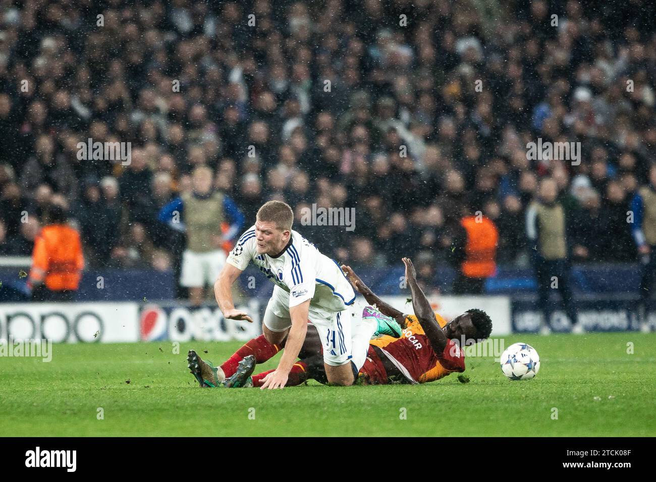 Copenhagen, Denmark. 12th Dec, 2023. Andreas Cornelius (14) of FC Copenhagen and Davinson Sanchez (6) of Galatasaray seen during the UEFA Champions League match between FC Copenhagen and Galatasaray at Parken in Copenhagen. (Photo Credit: Gonzales Photo/Alamy Live News Stock Photo
