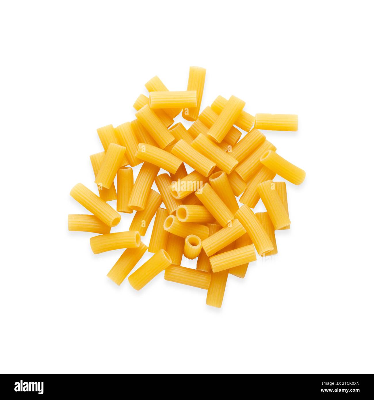 A heap of rigatoni pasta on white background. Square format. Top view. Stock Photo