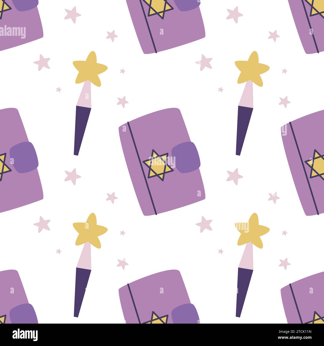 Magic book of spells and magic wand seamless pattern. Background with