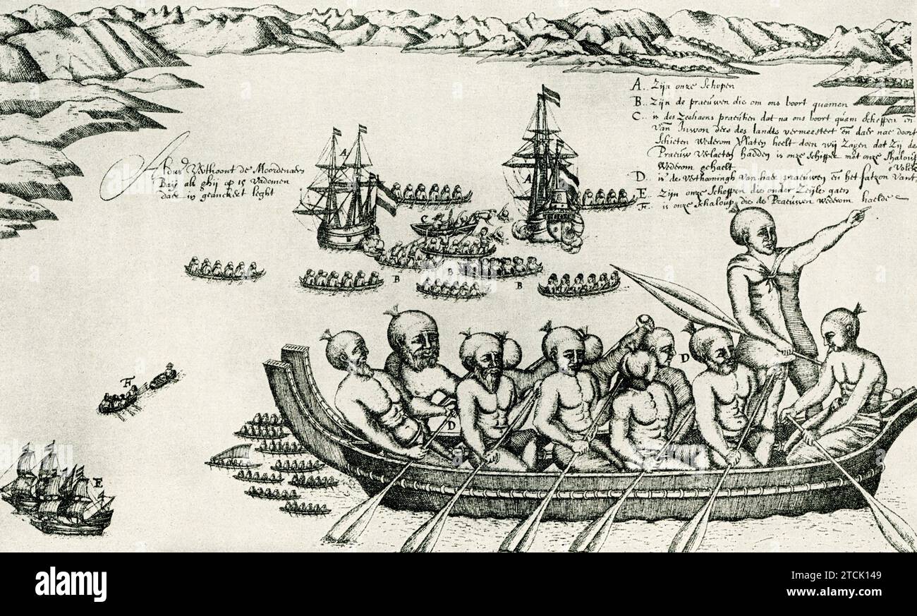 The 1907 caption reads: 'A page from day book (Tagebuch) as reported by Tasman about his journey.' Abel Janszoon Tasman was a Dutch seafarer and explorer, best known for his voyages of 1642 and 1644 in the service of the Dutch East India Company. Born in 1603 in Lutjegast, Netherlands, Tasman started his career as a merchant seaman and became a skilled navigator. Stock Photo