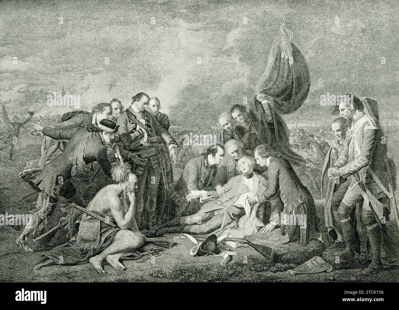 This illustration shows the death of the English General Wolfe in the fight against the French in Quebec. James Wolfe (1727-1759) was second in command to Jeffery Amherst in the French and Indian War. He commanded the expedition against Quebec, forcing open a battle with the French under Montcalm on the Plains of Abraham. The victory he won there was key to giving New France to England. Both he and Montcalm were fatally wounded in the battle. Stock Photo