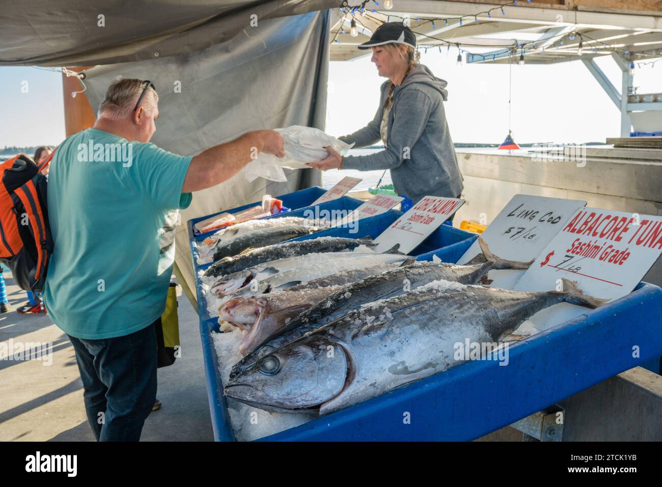 Steveston, Vancouver, BC, Canada-October 7, 2023: Fishermen selling fresh fish from their boats at the public fish market. Stock Photo