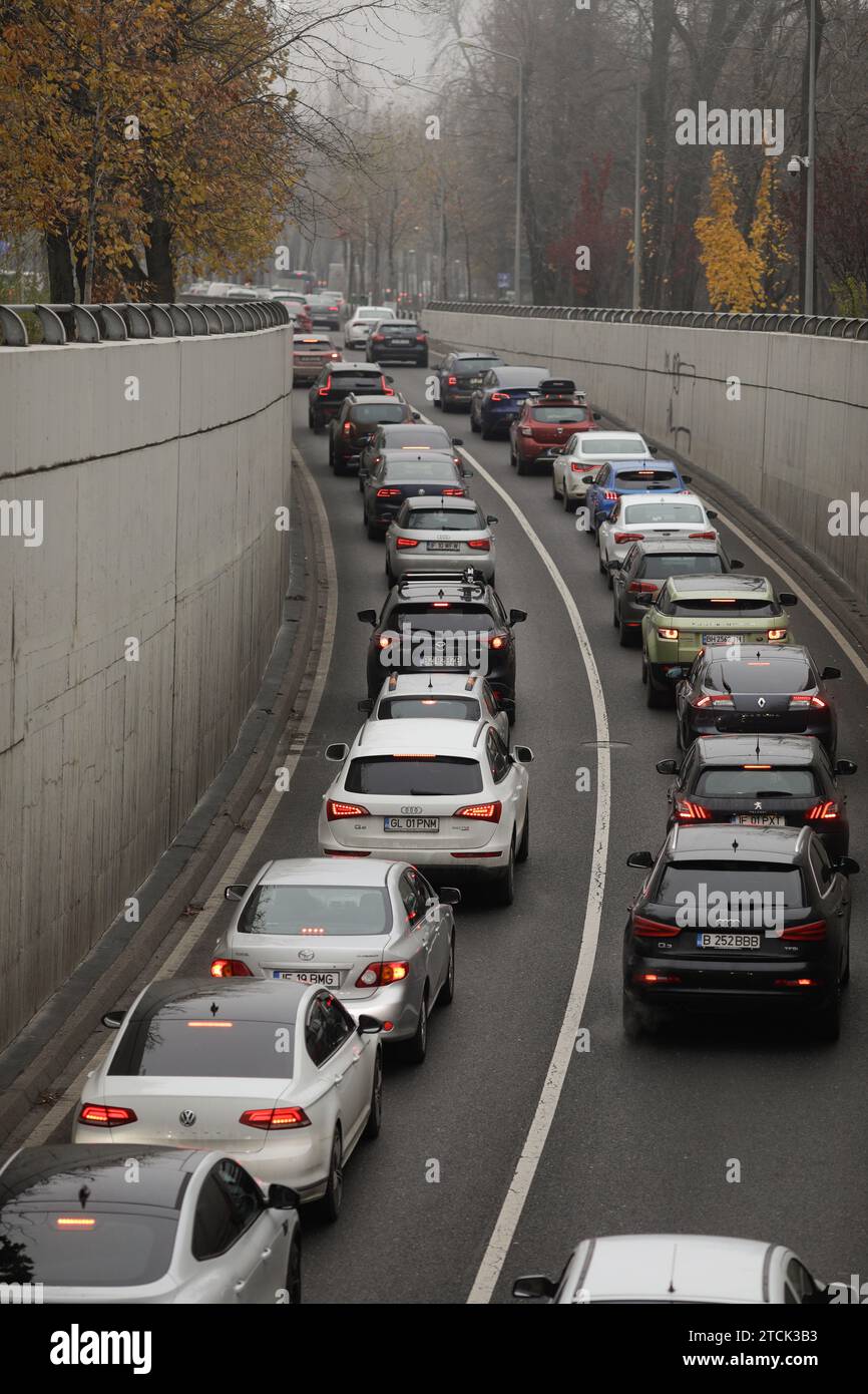 Bucharest, Romania - December 11, 2023: Heavy traffic on a boulevard of Bucharest. Stock Photo