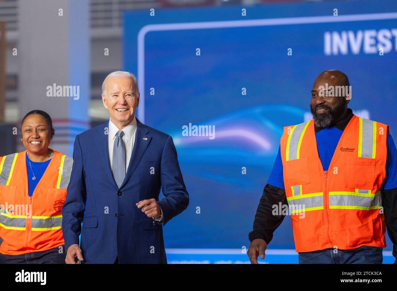 Las Vegas, United States. 08 December, 2023. U.S President Joe Biden arrives to deliver remarks on the new Las Vegas to Los Angles high speed rail project, part of his Investing in America Agenda at the Carpenters International Training Center, December 8, 2023 in Las Vegas, Nevada. Credit: Adam Schultz/White House Photo/Alamy Live News Stock Photo