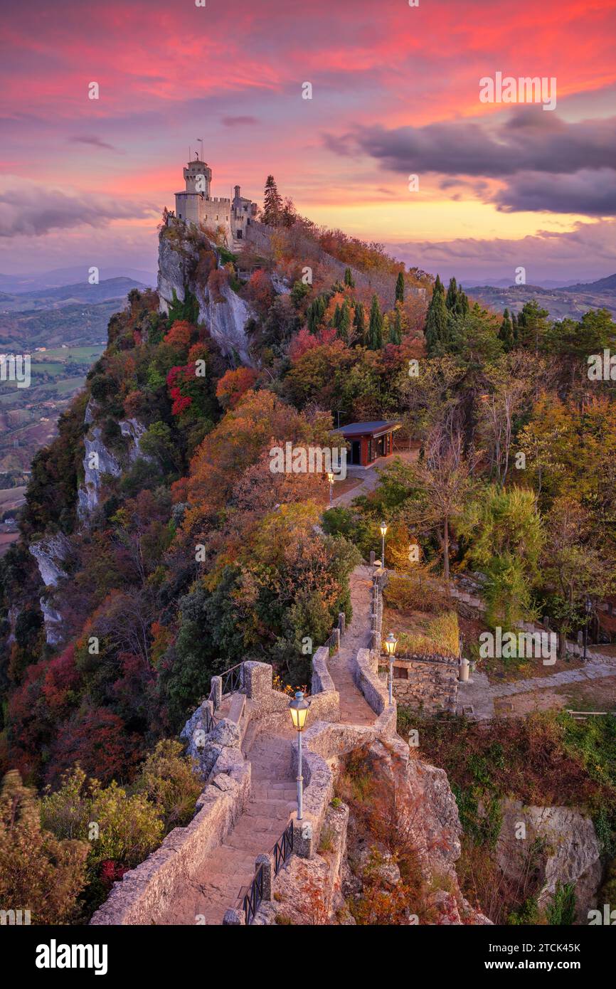 San Marino, Republic of San Marino, Italy. Aerial landscape image of San Marino, Italy at beautiful autumn sunset. Stock Photo