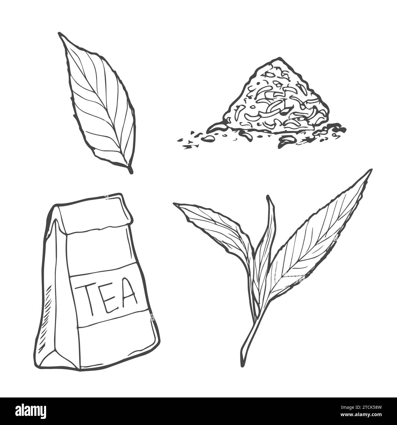 vector tea set, cups, teapot and leafs of tea isolated at white background Stock Vector