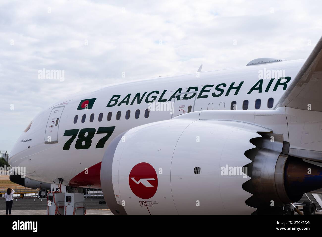 Biman Bangladesh Airlines Boeing 787-8 Dreamliner at the Farnborough International Airshow. General Electric GEnx engine with noise-reducing chevrons Stock Photo