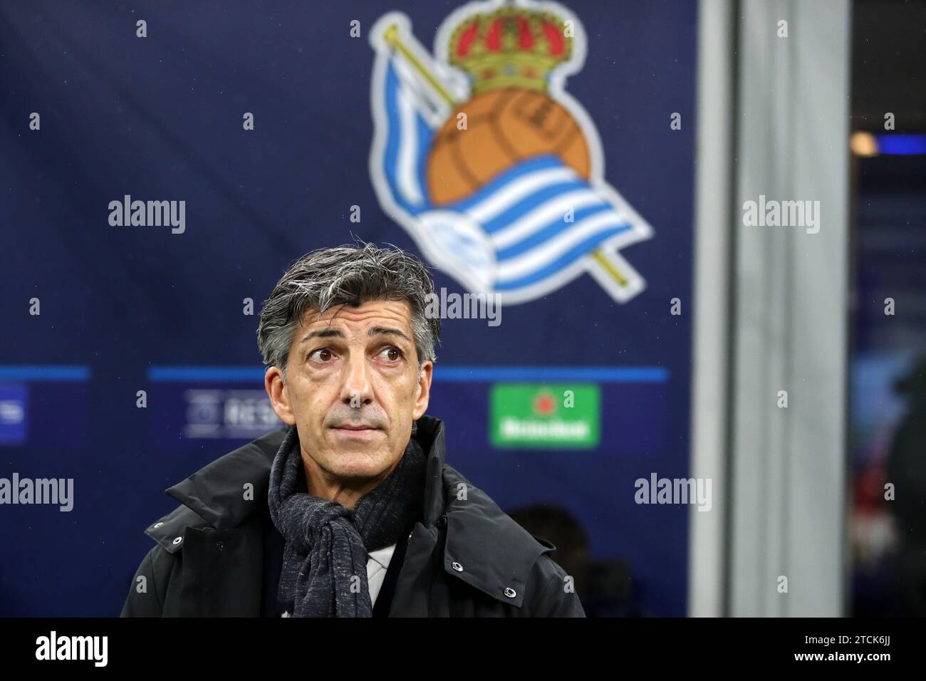 Milano, Italy. 12th Dec, 2023. Imanol Alguacil, head coach of Real Sociedad, looks on during the Uefa Champions League football match beetween Fc Internazionale and Real Sociedad at Stadio Giuseppe Meazza on December 12, 2023 in Milano, Italy . Credit: Marco Canoniero/Alamy Live News Stock Photo