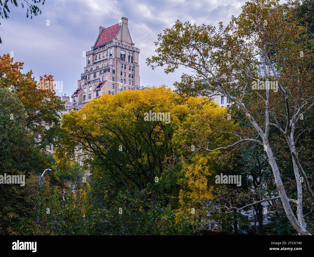 A juxtaposition of city life in New York and the oasis of beauty within Central Park Stock Photo