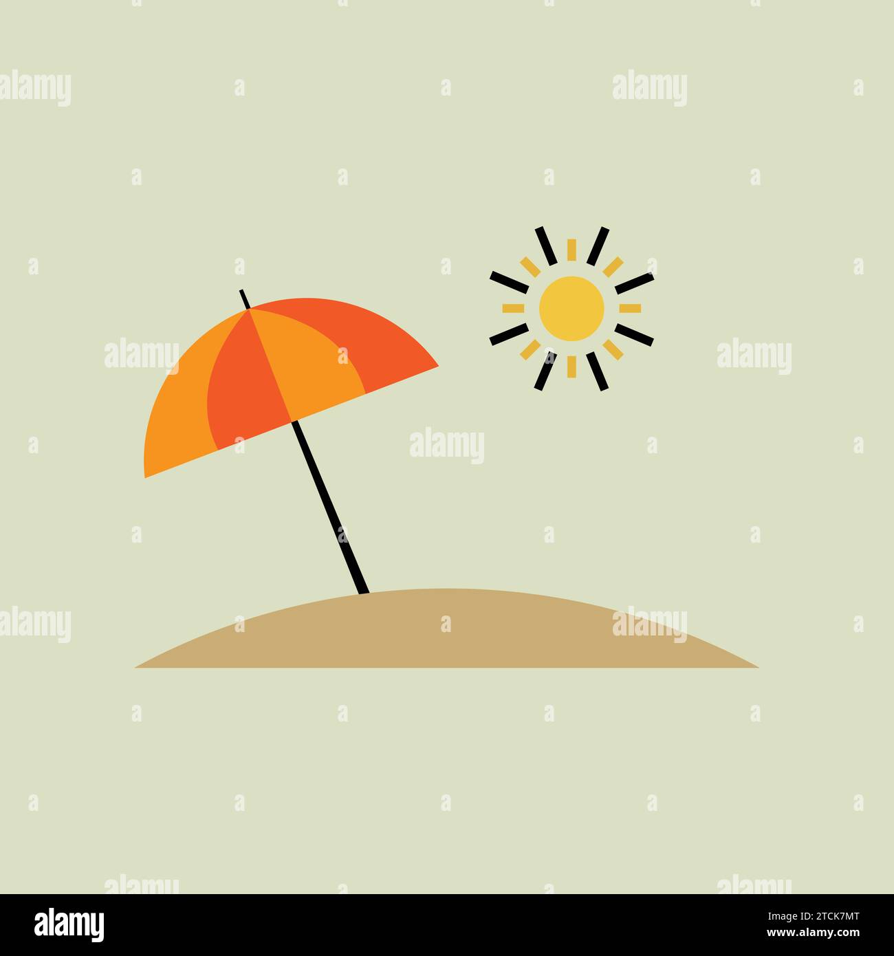 Summer display, pile of sand, sun, beach umbrella, poster design, on