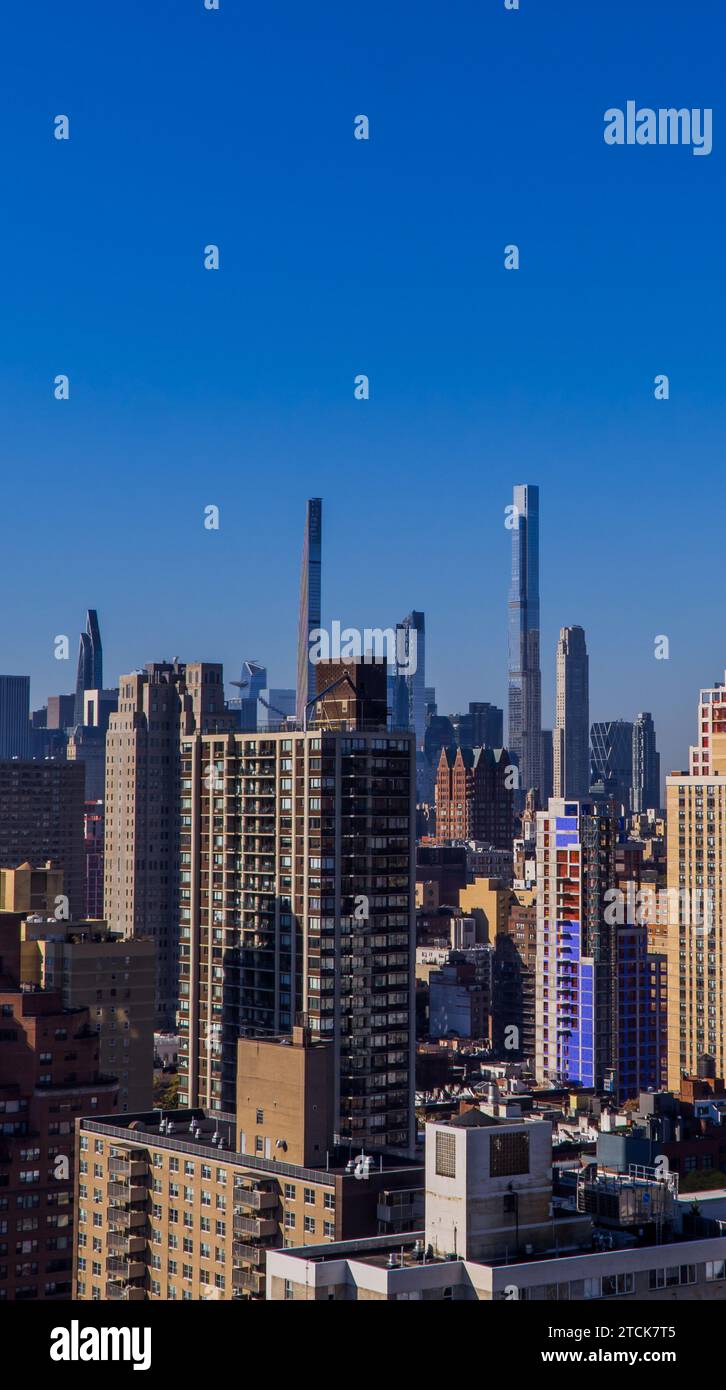 Aerial panorama view of Manhattan seen from Upper East Side rooftop