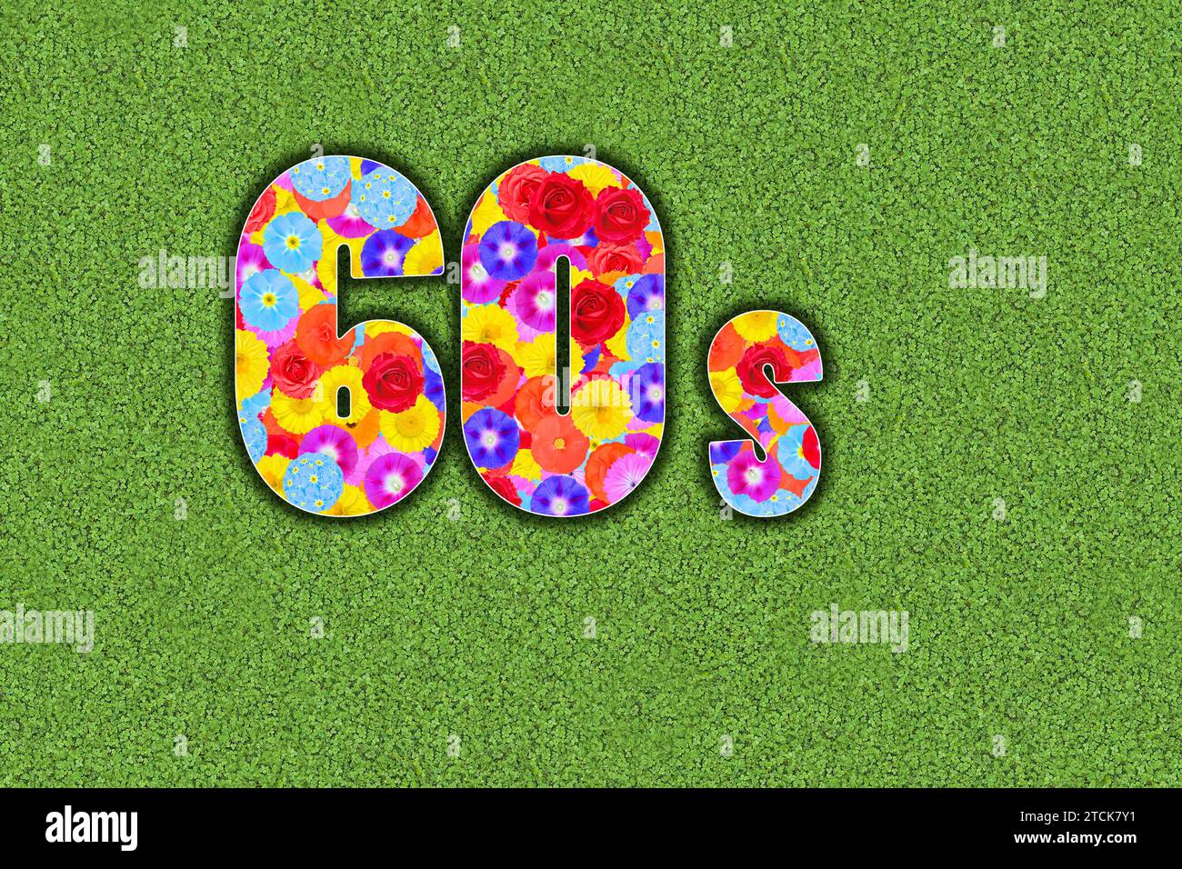 Graphic Sixties, 60s, 1960s, with colorful flowers written on a green