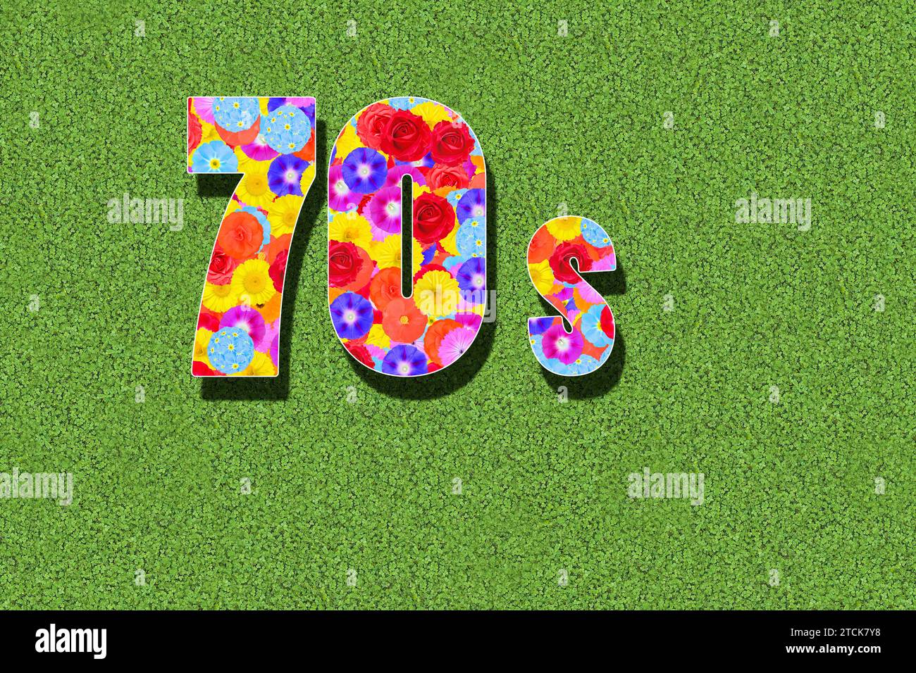 Graphic Seventies, 70s, 1970s, with colorful flowers written on a green