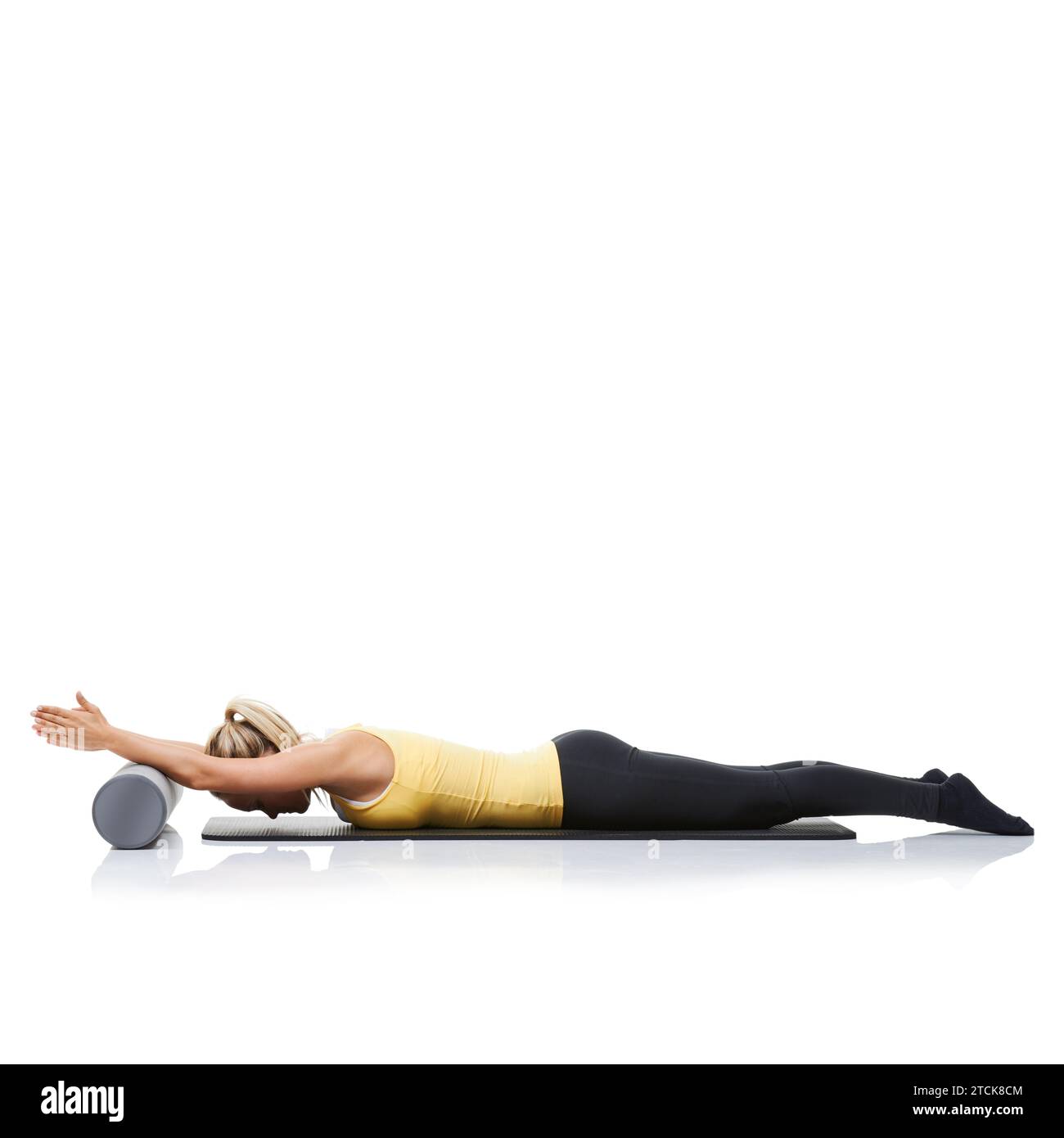 Studio pilates, foam roller and fitness woman in floor exercise ...
