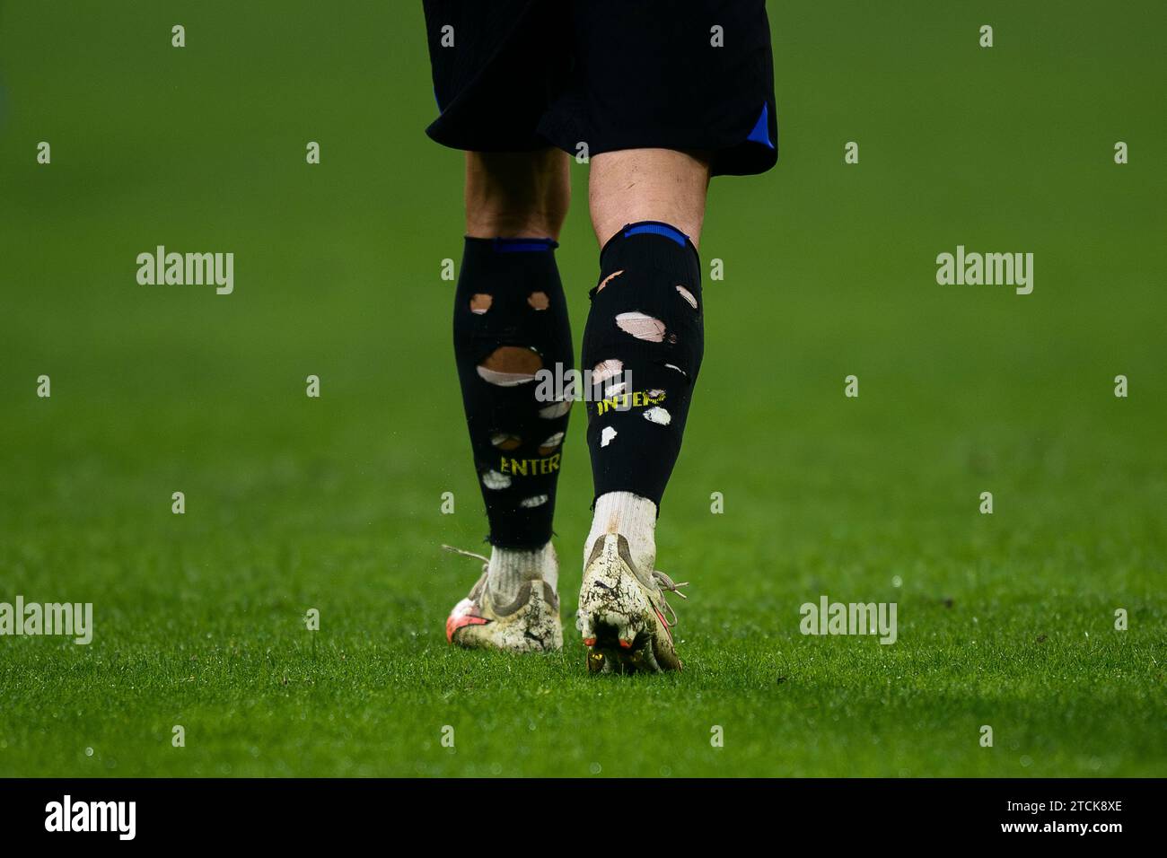 Milan, Italy. 12 December 2023. The holey socks worn by Davide Frattesi of FC Internazionale are seen during the UEFA Champions League football match between FC Internazionale and Real Sociedad. Credit: Nicolò Campo/Alamy Live News Stock Photo