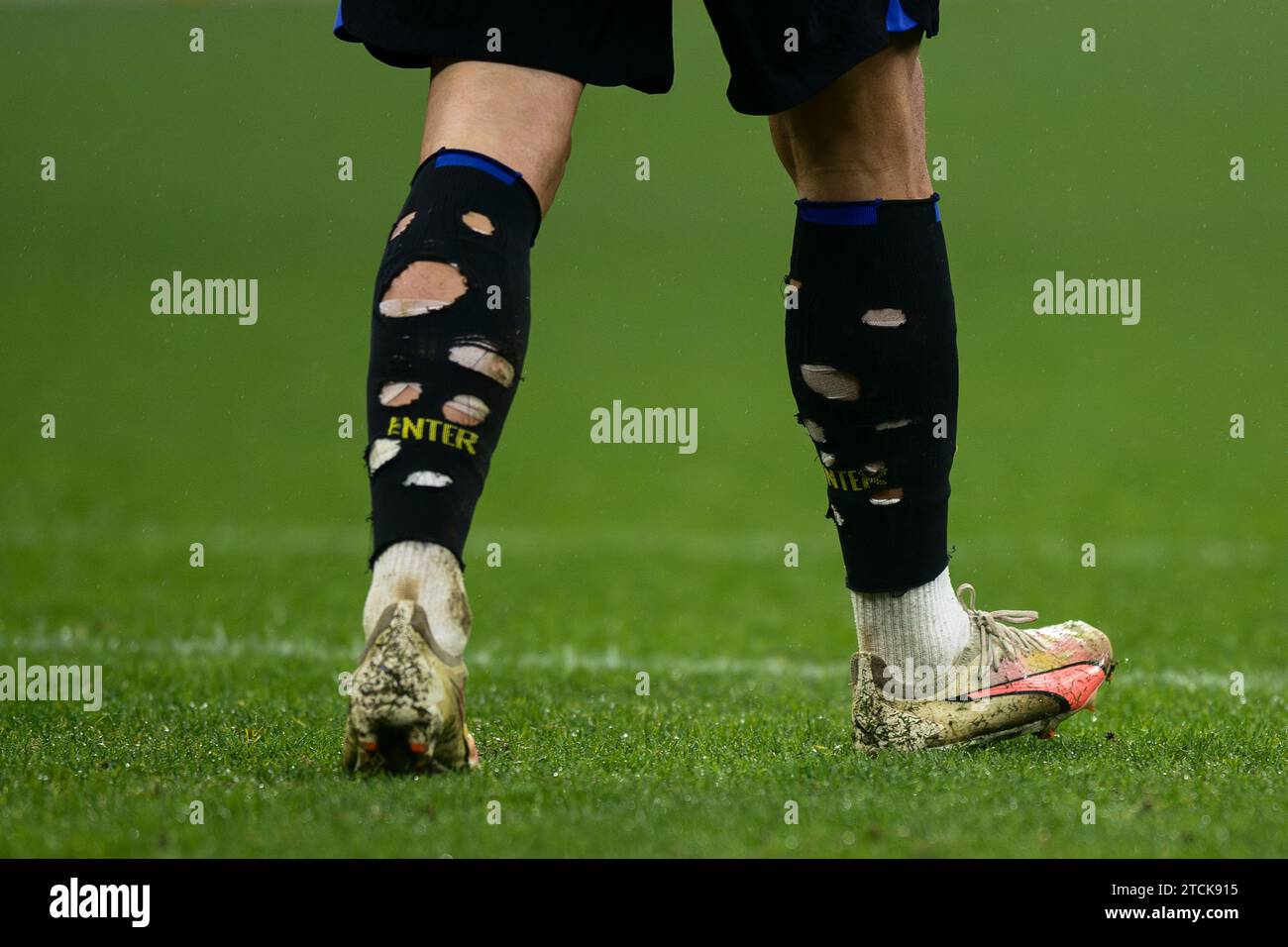 Milan, Italy. 12 December 2023. The holey socks worn by Davide Frattesi of FC Internazionale are seen during the UEFA Champions League football match between FC Internazionale and Real Sociedad. Credit: Nicolò Campo/Alamy Live News Stock Photo
