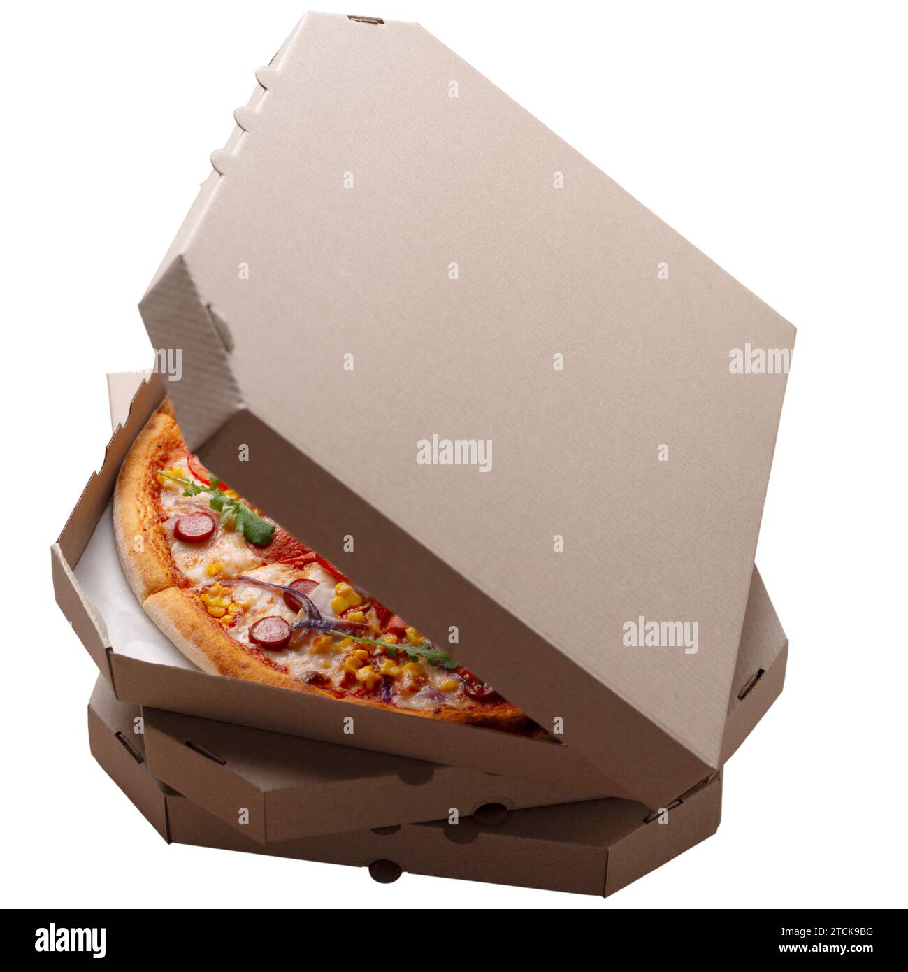 Pizza in open carton box isolated on white background high angle view with copy-space Stock Photo