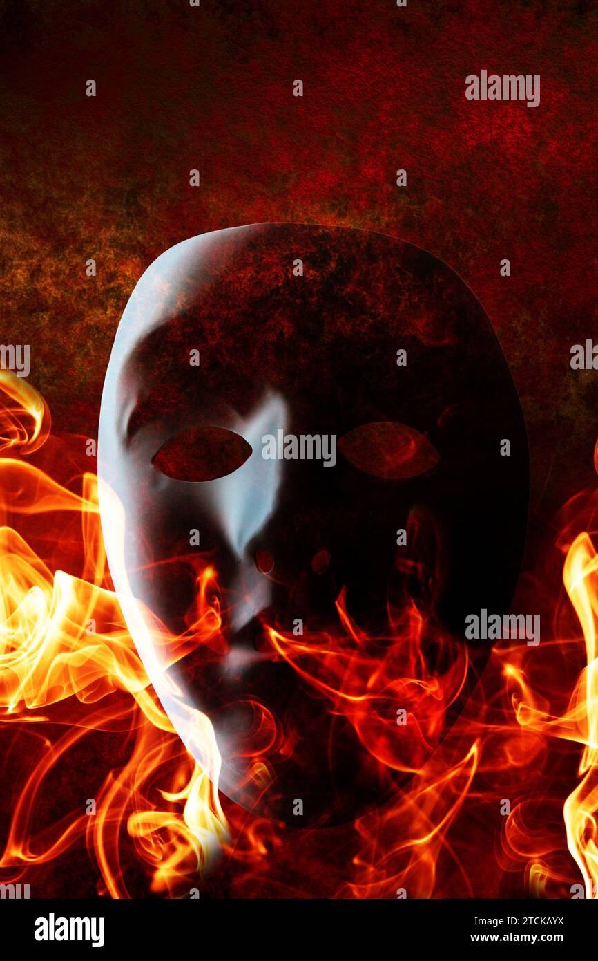 black mask on fire, book cover design Stock Photo