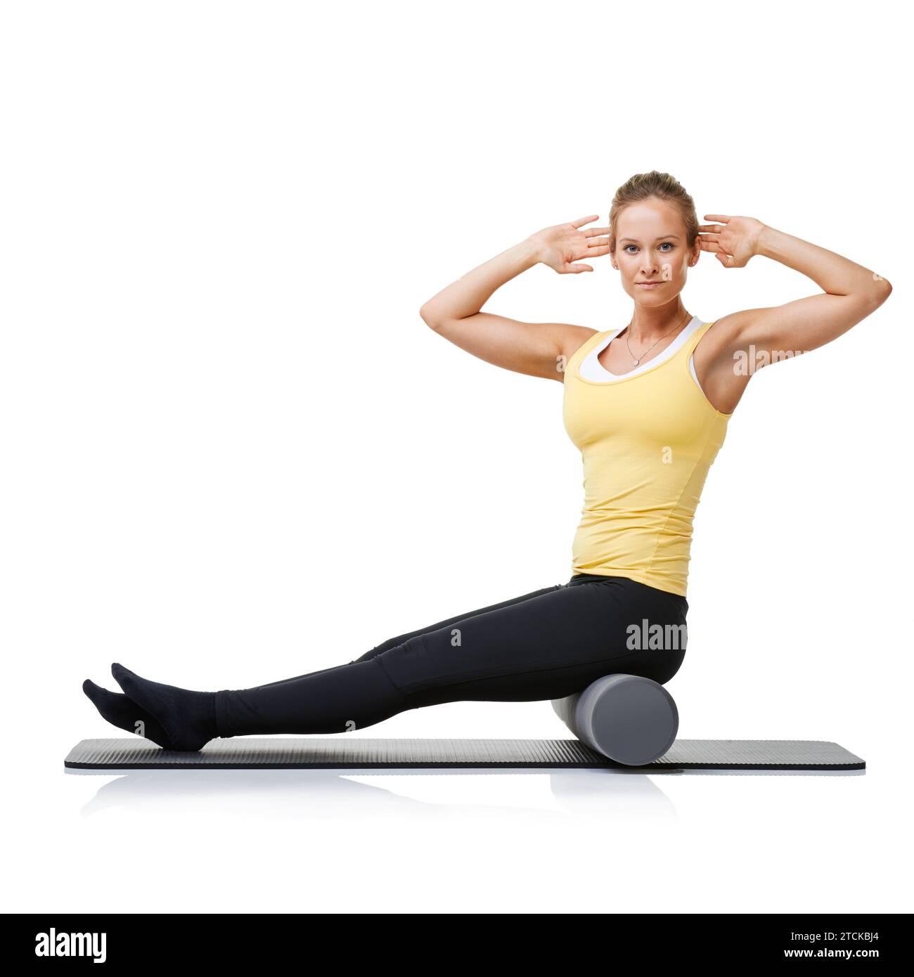Studio workout, foam roller and portrait of woman with posture exercise